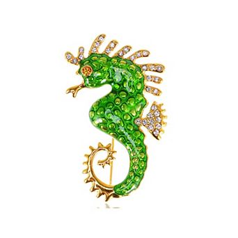 Golden Tail Sea Horse Animal Green Enamel Crystal Rhinestone Pin Brooch