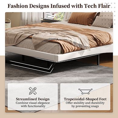 Loheer Queen Size Modern Upholstered Bed Frame with Wave Like Curve Design in White PU Leather
