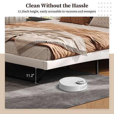 Loheer Queen Size Modern Upholstered Bed Frame with Wave Like Curve Design in White PU Leather