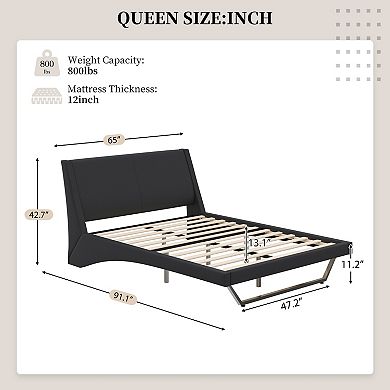 Loheer Queen Size Modern Upholstered Bed Frame with Wave Like Curve Design in White PU Leather