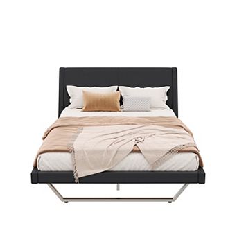 Loheer Queen Size Modern Upholstered Bed Frame with Wave Like Curve Design in White PU Leather