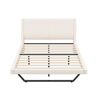 Loheer Queen Size Modern Upholstered Bed Frame with Wave Like Curve Design in White PU Leather