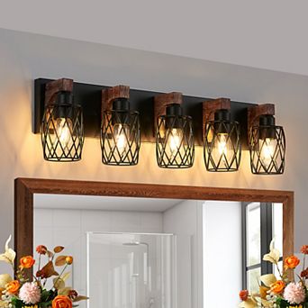 Loheer 31" Industrial Vintage 5-Light Cage Wall Lighting with Wooden Accents, Bulb Not Included