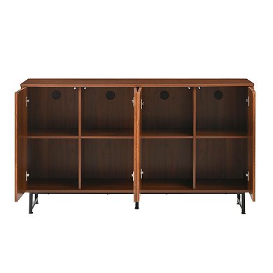 KWPZQEB Farmhouse Walnut Sideboard with 4 Geometric Carved Doors, Buffet Cabinet for Dining Room