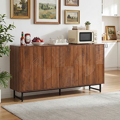 KWPZQEB Farmhouse Walnut Sideboard with 4 Geometric Carved Doors, Buffet Cabinet for Dining Room