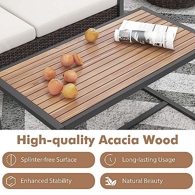 2 Pieces Patio PE Wicker Furniture Set with Acacia Wood Coffee Table