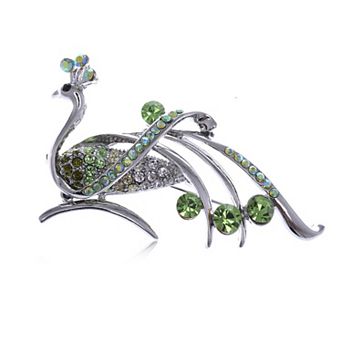 Peridot Green Crystal Rhinestone Phoenix Bird Silver Tone Pin Brooch