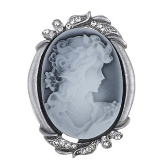 Silvery Tone Clear Crystal Colored Rhinestones Grey Vintage Cameo Lady Brooch Pin