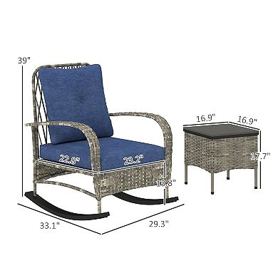 3 Piece Patio Rocking Chair Set Cushioned Rattan Chairs with Table