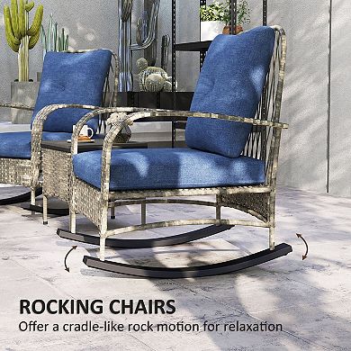 3 Piece Patio Rocking Chair Set Cushioned Rattan Chairs with Table