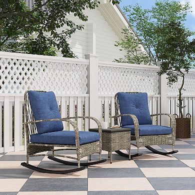 3 Piece Patio Rocking Chair Set Cushioned Rattan Chairs with Table