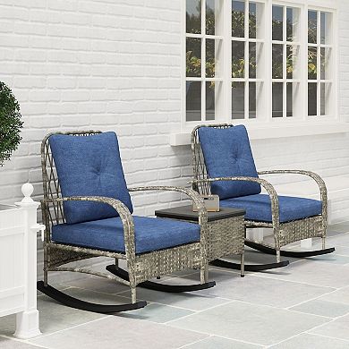 3 Piece Patio Rocking Chair Set Cushioned Rattan Chairs with Table