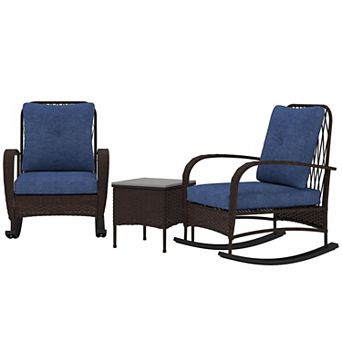 3 pc Patio Rocking Chair Set Cushioned Rattan Chairs with Table