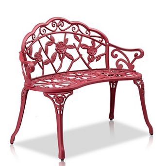 Cast Aluminum Outdoor Garden Bench Rose Pattern Patio Seating
