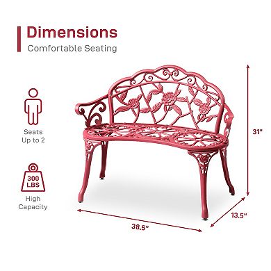 Cast Aluminum Outdoor Garden Bench Rose Pattern Patio Seating