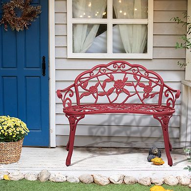 Cast Aluminum Outdoor Garden Bench Rose Pattern Patio Seating
