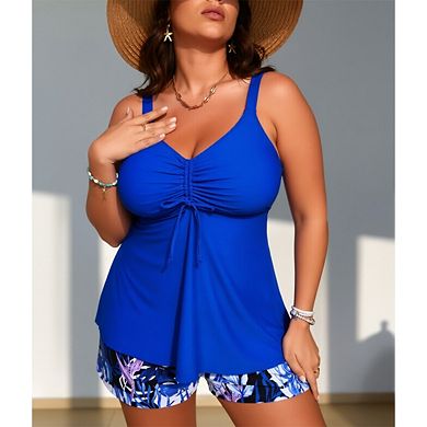 Women's 2-Piece Tankini Set - Drawstring Front Cami Top & Tropical Print Boyshorts