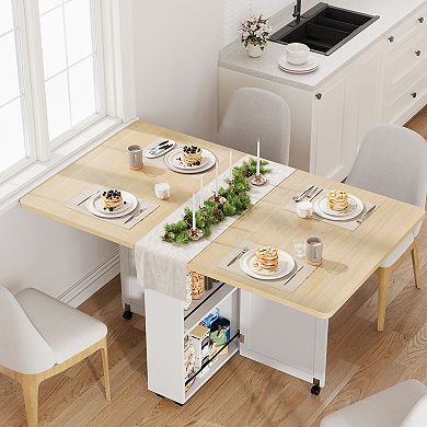 Folding Dining Table with Storage, Folding Kitchen Table with 6 Wheels, Compact Dining Table