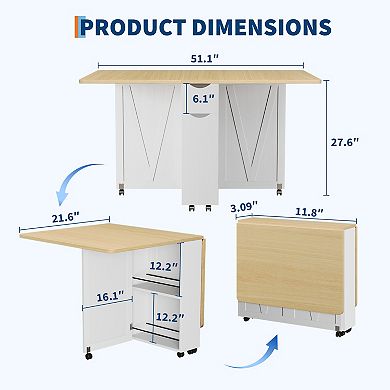 Folding Dining Table with Storage, Folding Kitchen Table with 6 Wheels, Compact Dining Table