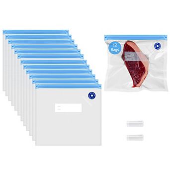 Set of 12 Reusable Vacuum Bags, Airtight, For Fruits, Veggies, Cooked Food, Leftovers, Clear 9 x 8