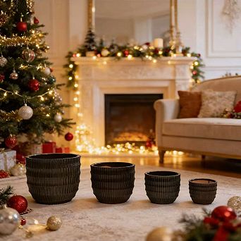 Loheer Handmade Ceramic Planter Set of 4 with Drainage, Ribbed Flower Pots for Succulents and Herbs