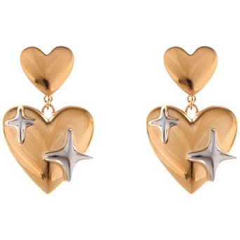Gold Tone Heart Dangle Fashion Earrings with Silver Star Accents