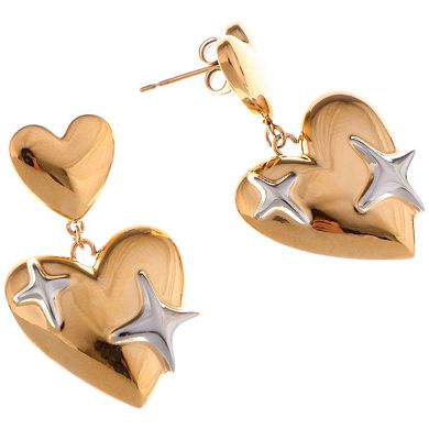 Gold Tone Heart Dangle Fashion Earrings with Silver Star Accents