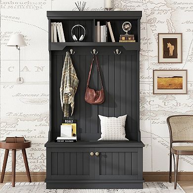 Pnronnc Hall Tree with Metal Double Hooks, Storage Cabinets, Open Shelves for Entryway Living Room