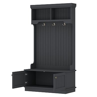 Pnronnc Hall Tree with Metal Double Hooks, Storage Cabinets, Open Shelves for Entryway Living Room