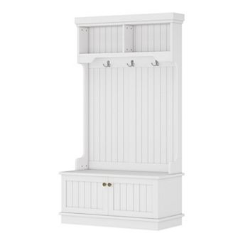 Pnronnc Hall Tree with Metal Double Hooks, Storage Cabinets, Open Shelves for Entryway Living Room