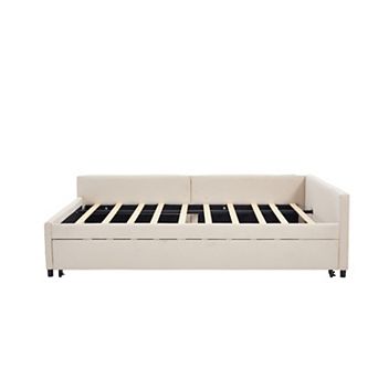 Pnronnc Full Upholstered Daybed L-Shaped Corner Sofa Bed with Trundle Charging Station LED