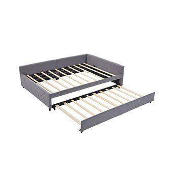 Pnronnc Full Upholstered Daybed L-Shaped Corner Sofa Bed with Trundle Charging Station LED