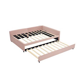 Pnronnc Full Upholstered Daybed L-Shaped Corner Sofa Bed with Trundle Charging Station LED