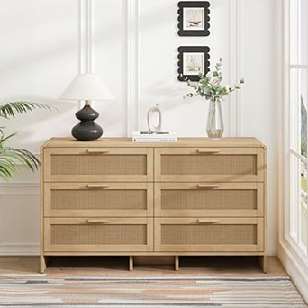 Loheer Natural Rattan Cabinet 6 Drawers Arc Shaped Corner Storage for Living Room Bedroom Kitchen