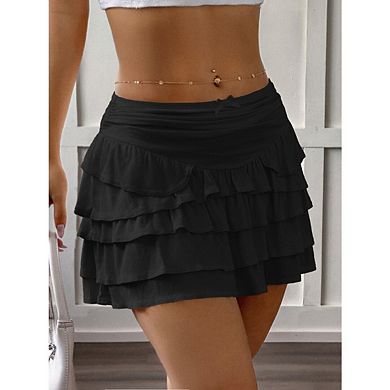 Women's Flowy Ruffle Tiered Short Skirts Casual Boho Mini Elastic Waist Layered Pleated Skirt