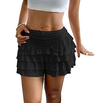 Women's Flowy Ruffle Tiered Short Skirts Casual Boho Mini Elastic Waist Layered Pleated Skirt