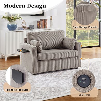 Pnronnc Sleeper Sofa Corduroy Loveseat Sofa with Foldable Side Table and Two USB Ports