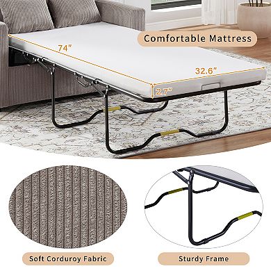 Pnronnc Sleeper Sofa Corduroy Loveseat Sofa with Foldable Side Table and Two USB Ports