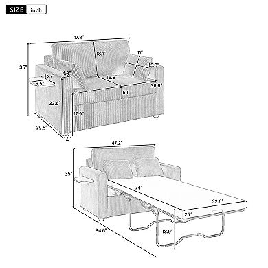 Pnronnc Sleeper Sofa Corduroy Loveseat Sofa with Foldable Side Table and Two USB Ports