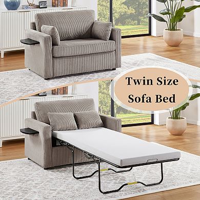Pnronnc Sleeper Sofa Corduroy Loveseat Sofa with Foldable Side Table and Two USB Ports