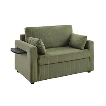 Pnronnc Sleeper Sofa Corduroy Loveseat Sofa with Foldable Side Table and Two USB Ports