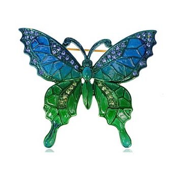 Golden Tone Shiny Blue Green Crystal Rhinestones Enamel Butterfly Insect Brooch Pin