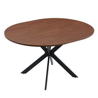 Loheer Extendable Round to Oval Dining Table with Walnut Wood Grain and Metal Legs