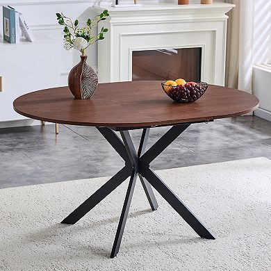 Loheer Extendable Round to Oval Dining Table with Walnut Wood Grain and Metal Legs