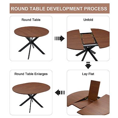 Loheer Extendable Round to Oval Dining Table with Walnut Wood Grain and Metal Legs