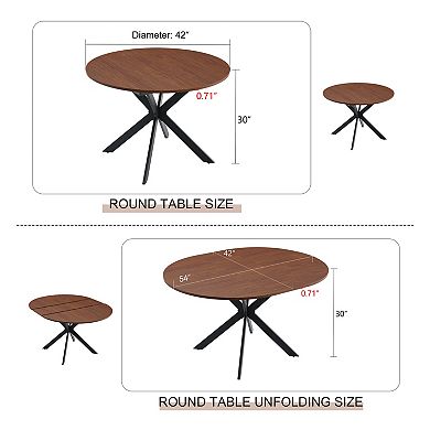 Loheer Extendable Round to Oval Dining Table with Walnut Wood Grain and Metal Legs