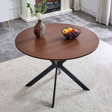 Loheer Extendable Round to Oval Dining Table with Walnut Wood Grain and Metal Legs