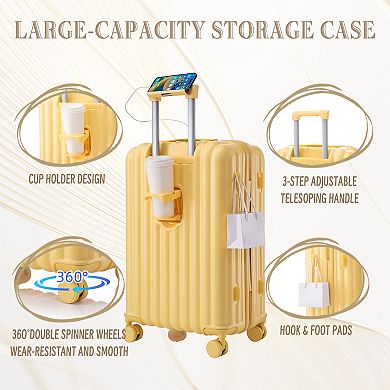 KWPZQEB Double-Row Silent Spinner Wheels Luggage Set with Cup Holder & USB Port & Phone Holder, 3PCS