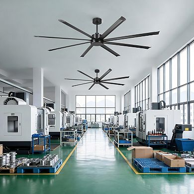 100" Industrial Black Aluminum 8-Blade HVLS Large Ceiling Fan with Remote, No Light