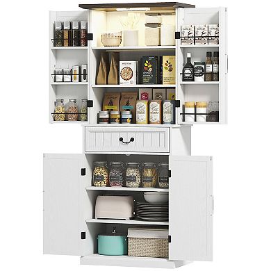 Farmhouse Kitchen Pantry Cabinet with Motion Sensor Light, Drawer and Shelves